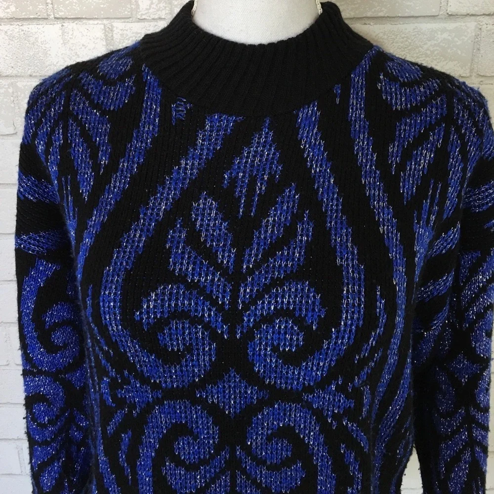 Vintage 80s 70s Blue Sparkle Glitter Patterned Mock Neck Sweater Top